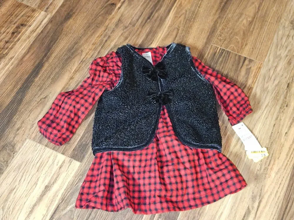 Carter's Just One You Girls 3pc Holiday Buffalo Checkered Dress with Vest 9M